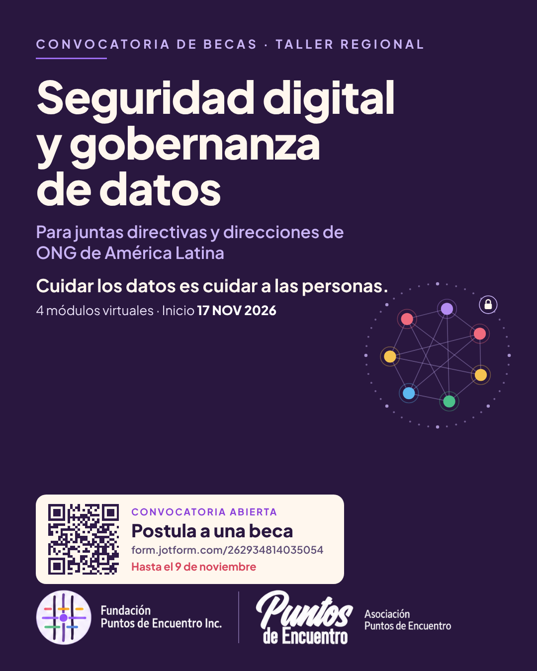 Postal de la convocatoria de becas del taller de seguridad digital y gobernanza de datos